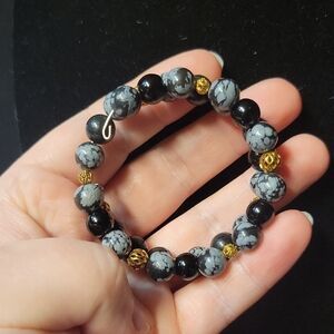 Gold, Onyx, & Snowflake Obsidian Adjustable Memory Wire Wrap Bracelet